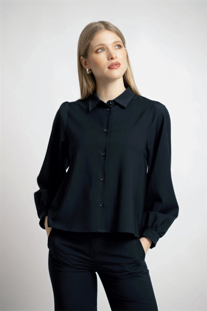 lukka vera eigenmann bluse diplomat navy dunkelblau cool wool laufmeter schweizer mode nachhaltig