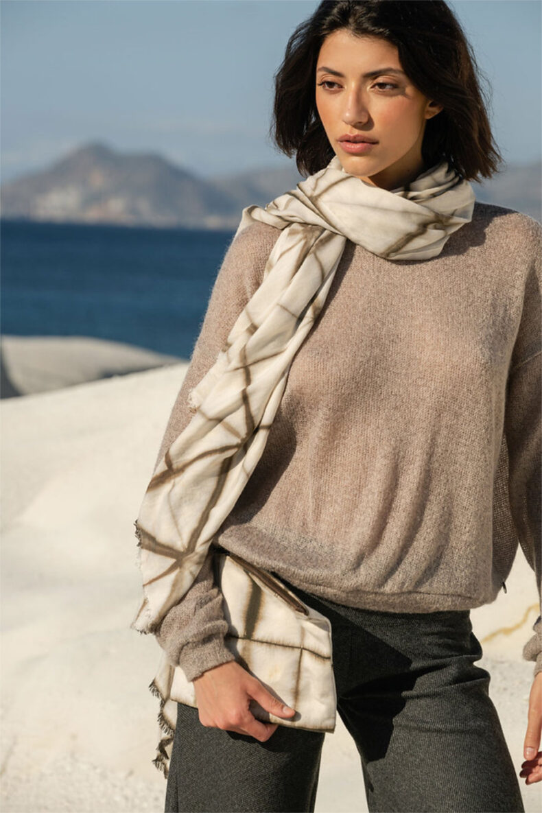 elfe11 elfe 11 halstuch schal foulard tuch shibori print tencel lyocell braun laufmeter mode schweiz nachhaltig
