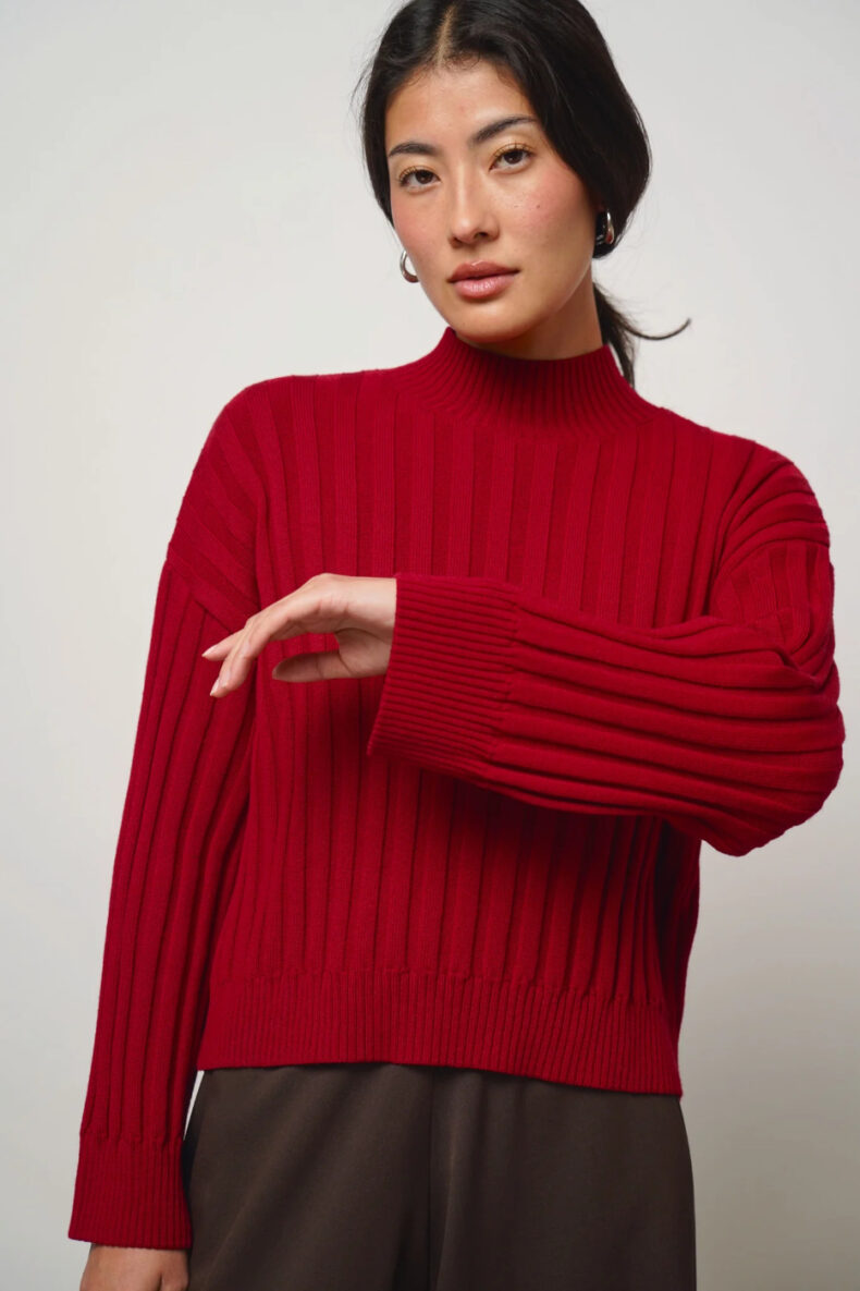 sode bern strick pullover rib red rot merino wolle japan mode laufmeter schweiz nachhaltig